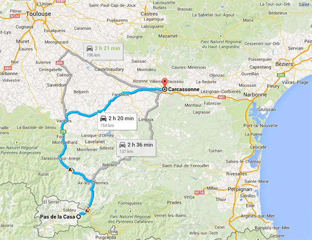 au depart de carcassonne pour aller au pas de la case en andorre sans attraper les boulets compter 2h20 de route, si boulets, alors 2h voire 3h